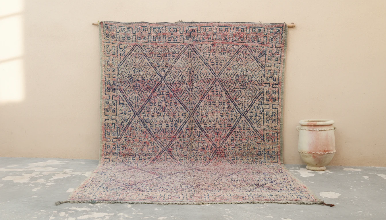 1960s Beni M’Guild Vintage Rug 340×220 cm – Faded Moroccan Berber Rug with Tribal Diamond Patterns, GO-1004