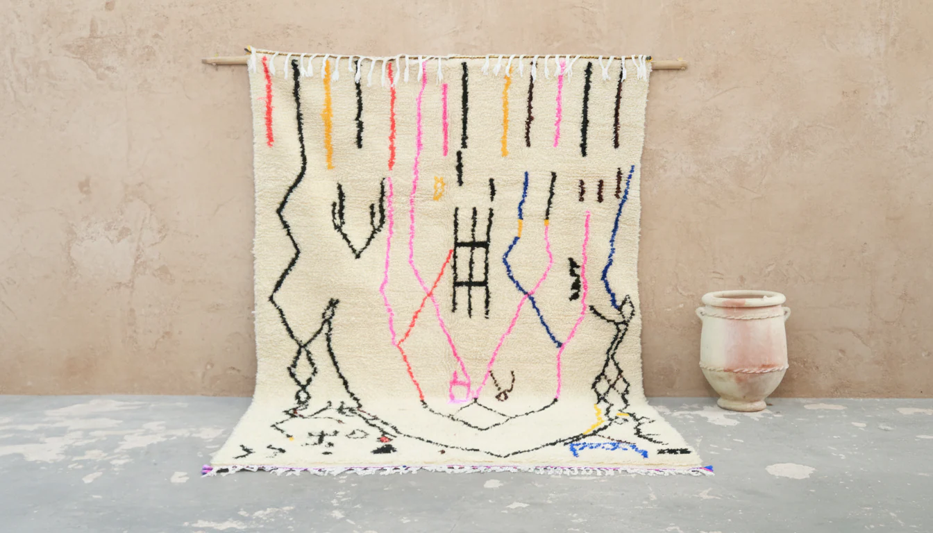 Azilal Rug 300×195 cm – Ivory Moroccan Berber Rug with Abstract Neon Tribal Lines, GO-975