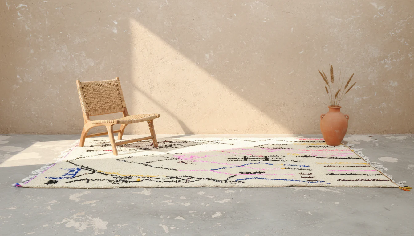 Azilal Rug 300×195 cm – Ivory Moroccan Berber Rug with Abstract Neon Tribal Lines, GO-975 - Image 2