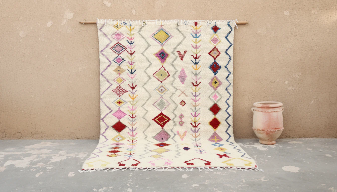Azilal Rug 300×195 cm – Ivory Moroccan Berber Rug with Colorful Amazigh Diamond Motifs, GO-976