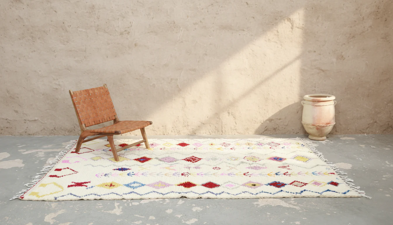 Azilal Rug 300×195 cm – Ivory Moroccan Berber Rug with Colorful Amazigh Diamond Motifs, GO-976 - Image 2