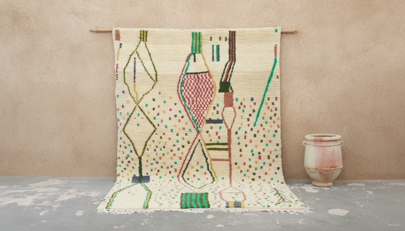 Azilal Rug 300×200 cm – Ivory Moroccan Berber Rug with Abstract Amazigh Motifs & Confetti Details, GO-978