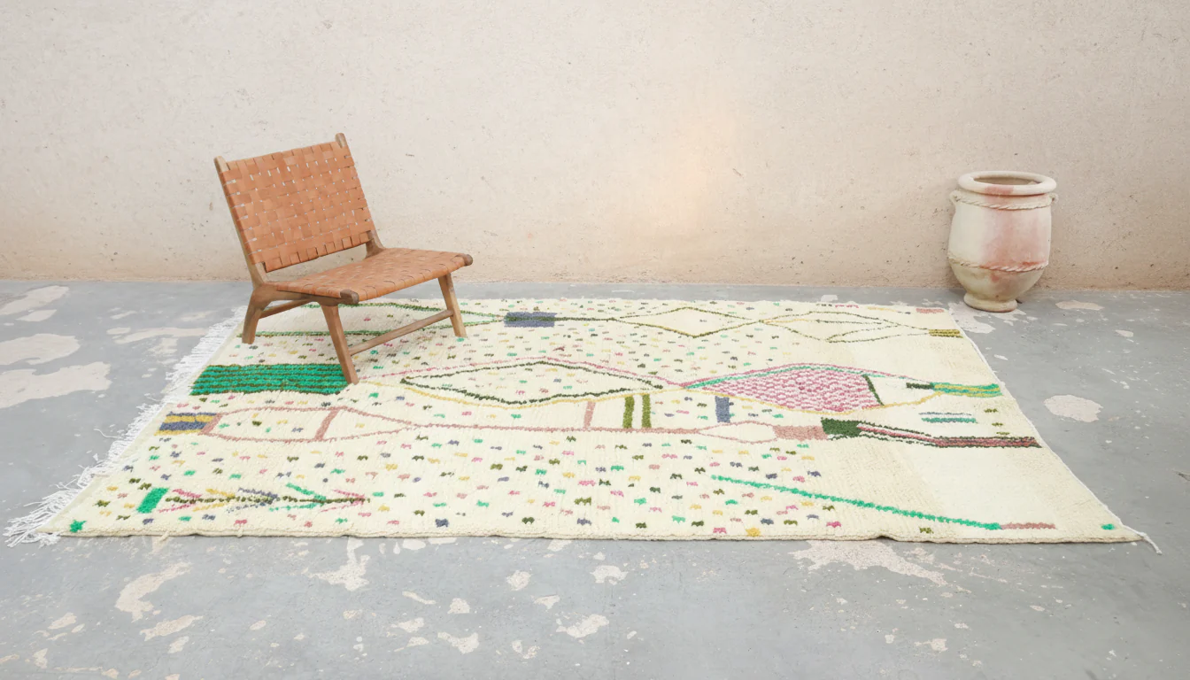 Azilal Rug 300×200 cm – Ivory Moroccan Berber Rug with Abstract Amazigh Motifs & Confetti Details, GO-978 - Image 2