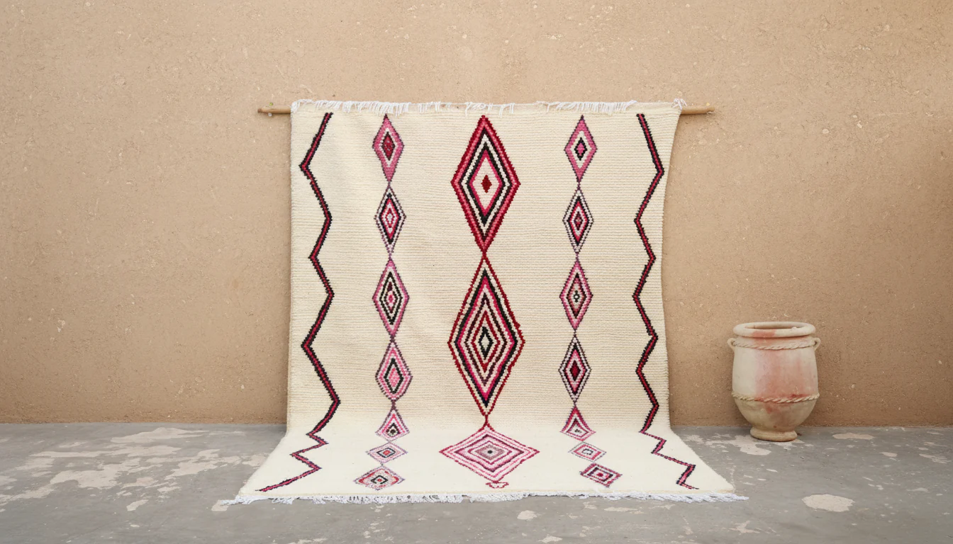 Azilal Rug 300×200 cm – Ivory Moroccan Berber Rug with Pink & Burgundy Diamond Amazigh Motifs, GO-979