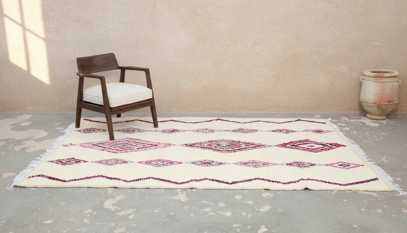 Azilal Rug 300×200 cm – Ivory Moroccan Berber Rug with Pink & Burgundy Diamond Amazigh Motifs, GO-979 - Image 2