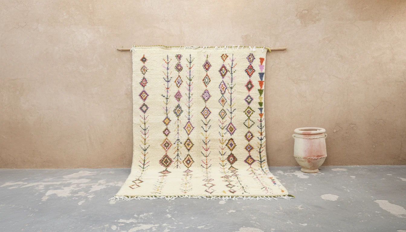 Azilal Rug 305×195 cm – Ivory Moroccan Berber Rug with Multicolor Tribal Diamonds, GO-974