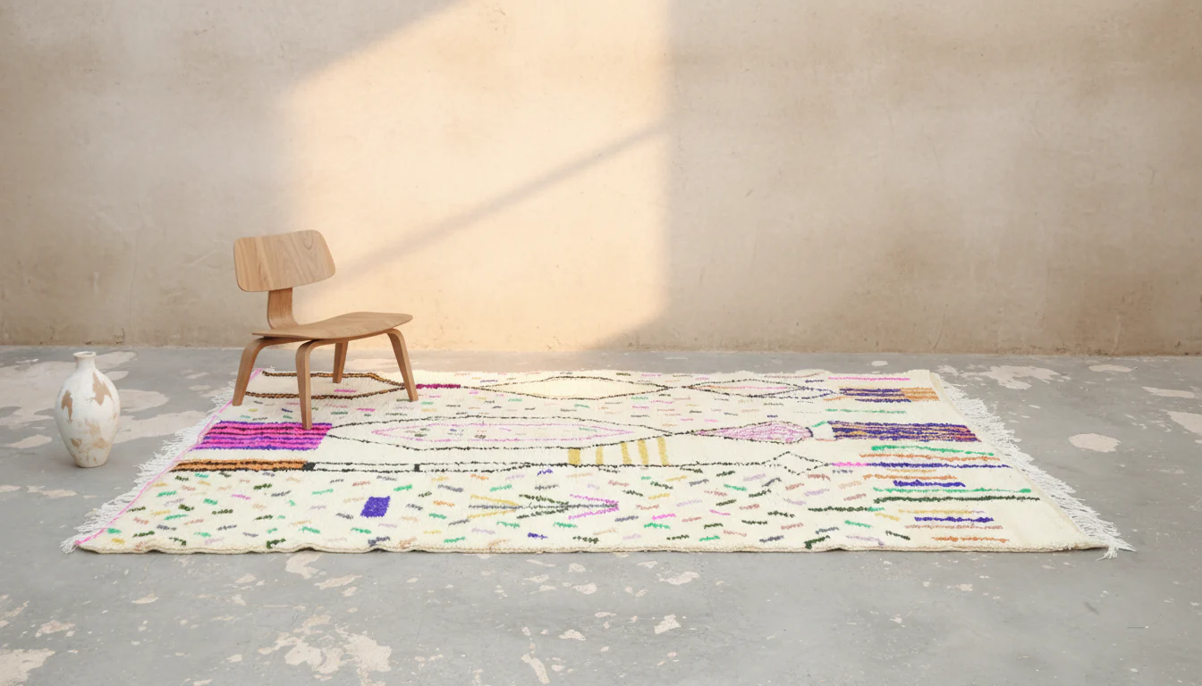 Azilal Rug 310×200 cm – Ivory Moroccan Berber Rug with Abstract Colorful Amazigh Symbols, GO-977 - Image 2