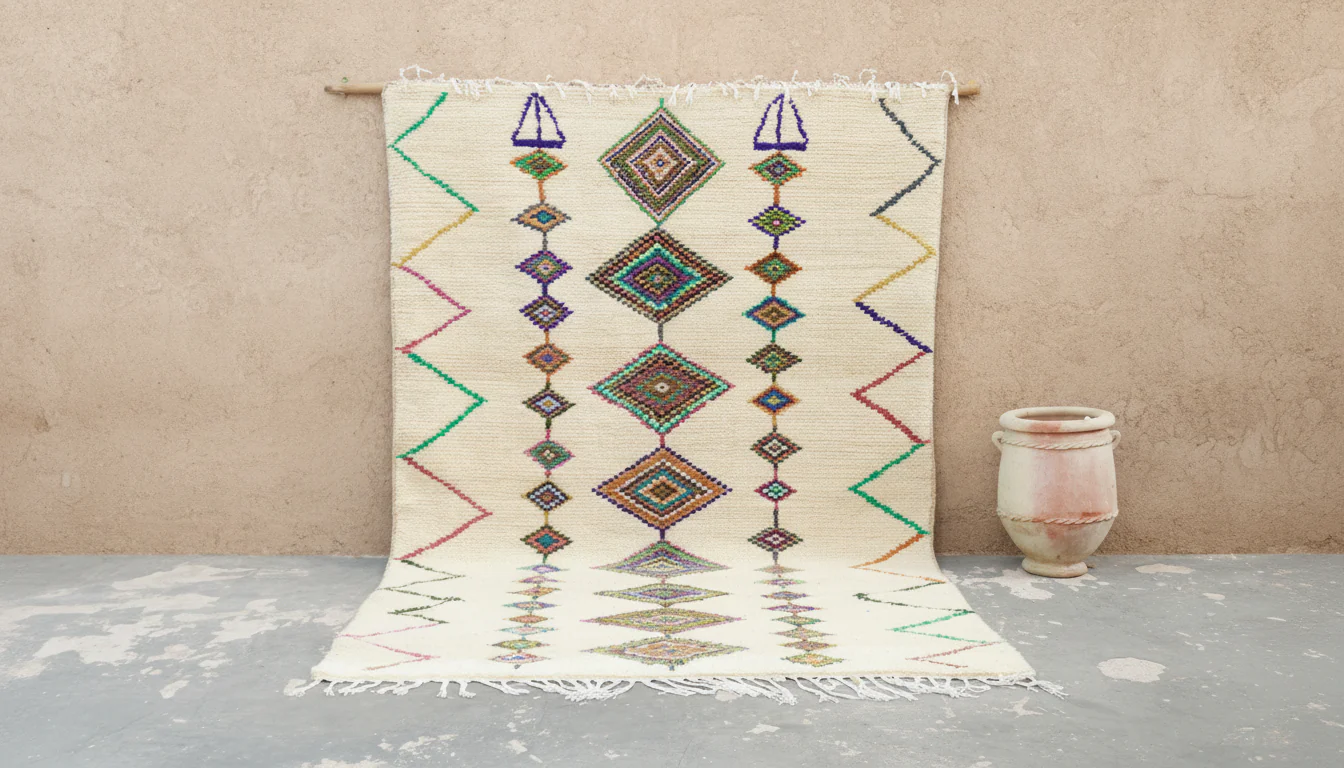 Azilal Rug 310×205 cm – Ivory Berber Rug with Colorful Diamond Motifs, GO-972