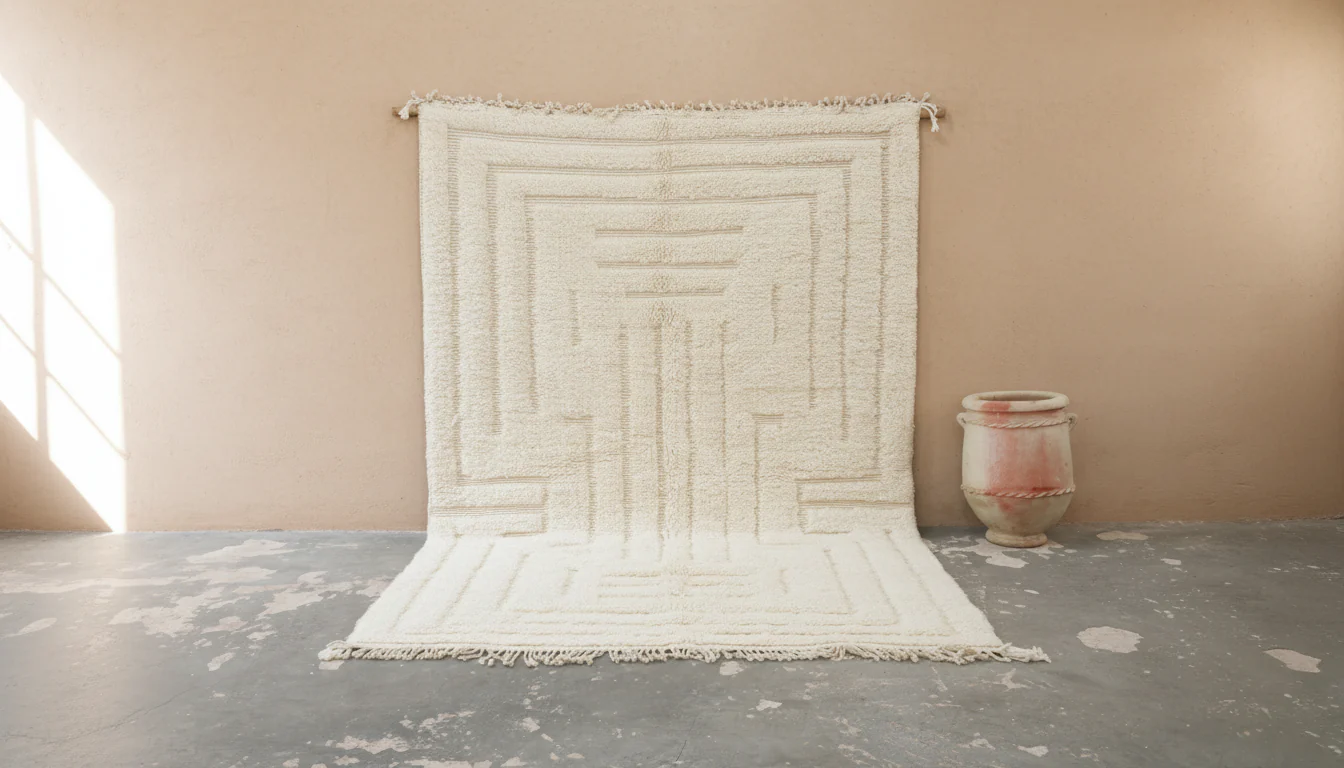 Beni Ouarain Rug 300×205 cm – Minimal Ivory Moroccan Wool Rug with Architectural Pattern, GO-964