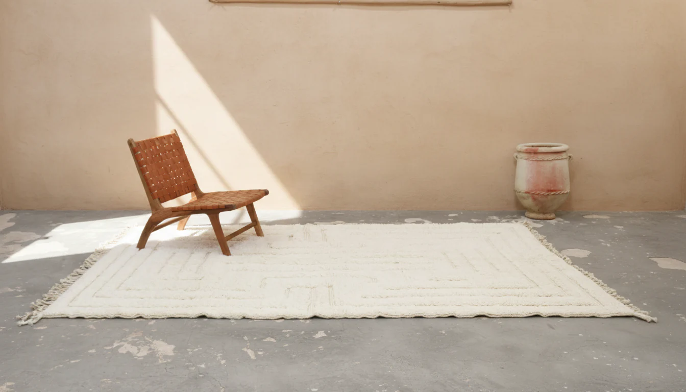 Beni Ouarain Rug 300×205 cm – Minimal Ivory Moroccan Wool Rug with Architectural Pattern, GO-964 - Image 2