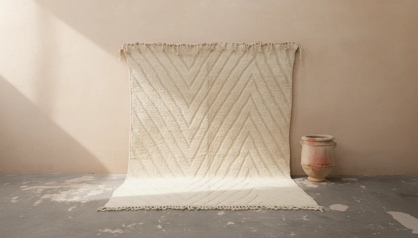 Beni Ouarain Rug 300×225 cm – Ivory Moroccan Wool Rug with Chevron Pattern, GO-963