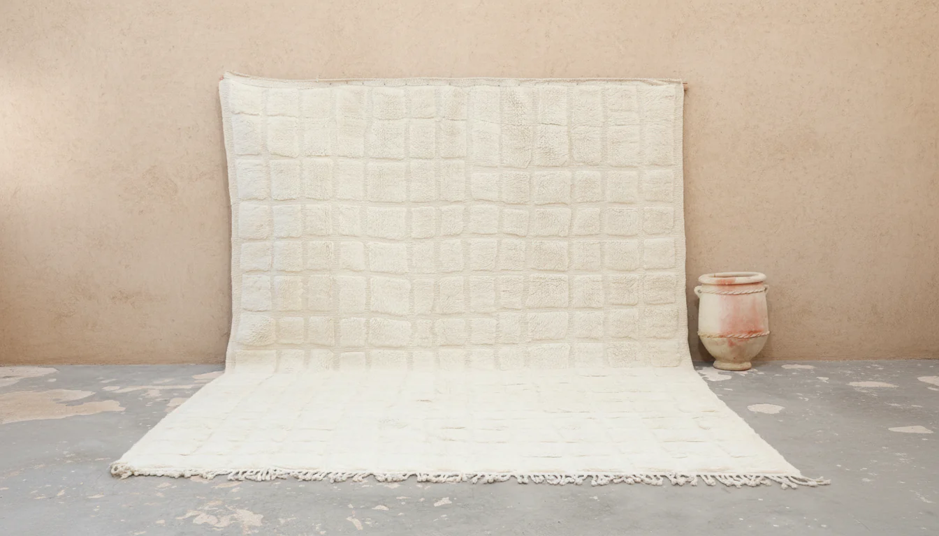 Extra Large Beni Ourain Rug 410×300 cm – Ivory Moroccan Wool Rug with Minimal Geometric Grid Pattern, GO-1001