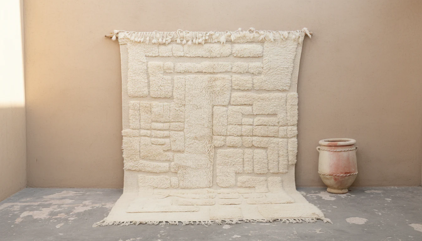 Large Beni Ouarain Rug 295×205 cm – Textured Ivory Moroccan Wool Rug with Sculptural Geometric Design, GO-981
