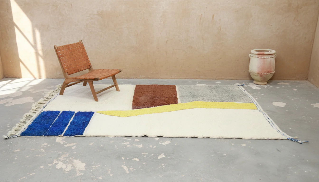 Large Azilal Rug 295×210 cm – Contemporary Moroccan Wool Rug in Ivory, Blue, Ochre & Earth Tones, GO-982 - Image 2