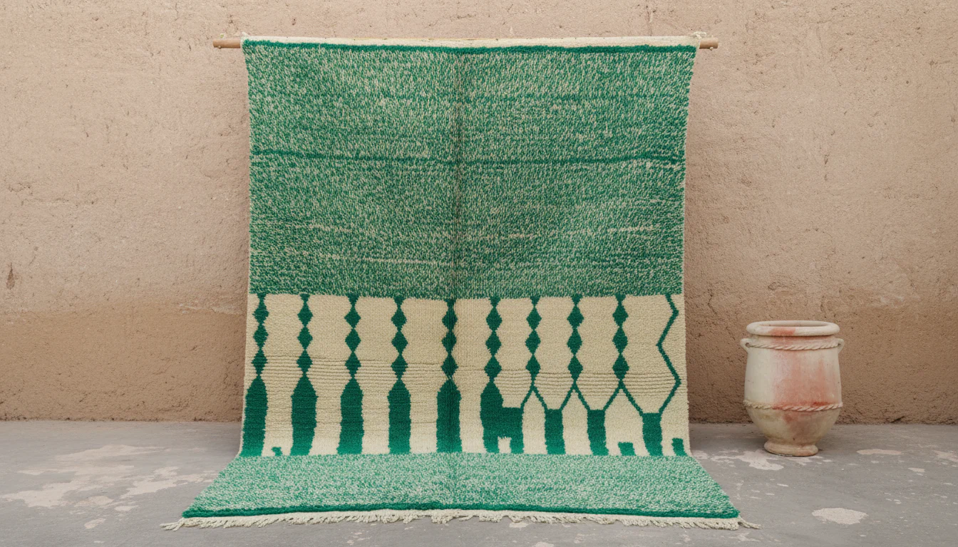 Large Azilal Rug 305 x 210 cm – Emerald Green Moroccan Wool Rug with Graphic Berber Motifs, GO-983
