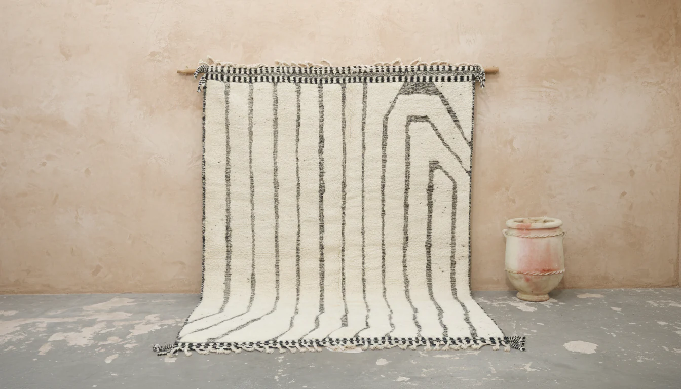Large Beni Ouarain Rug 290×210 – Ivory Wool with Black Linear Design, GO-939
