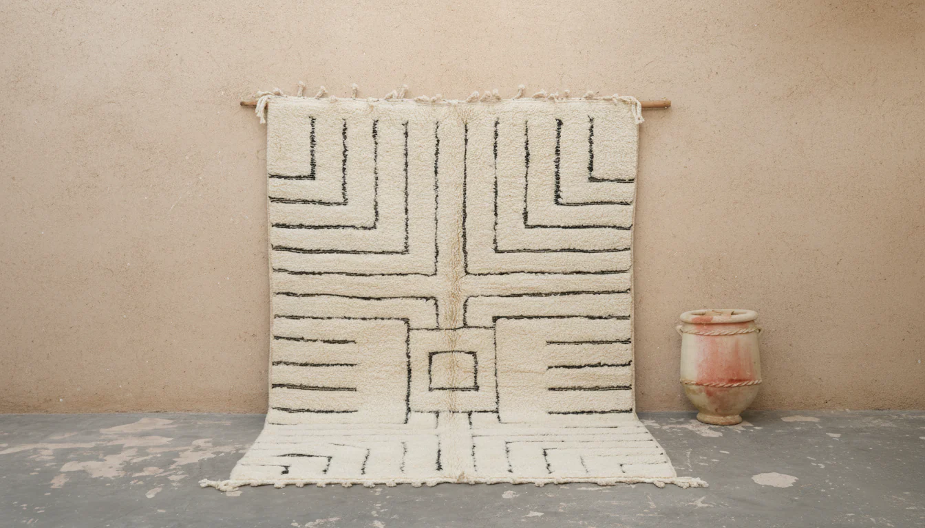 Large Beni Ouarain Rug 300×210 – Handmade Ivory Wool Carpet with Structured Geometric Pattern, GO-945