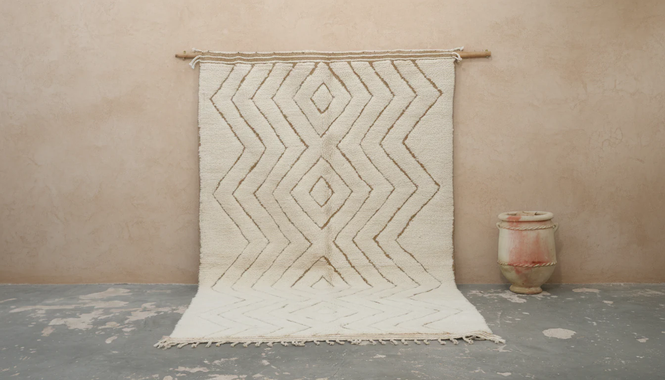 Large Beni Ouarain Rug 325×200 – Handmade Natural Wool Carpet with Soft Diamond Geometry, GO-946