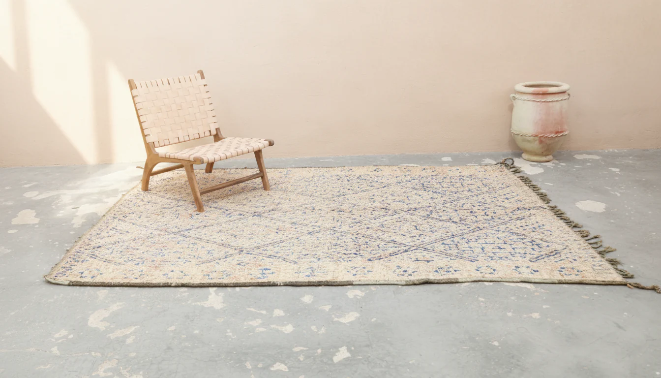 Vintage Beni M’Guild Rug 280×200 cm – Faded Moroccan Berber Rug with Blue Tribal Diamond Patterns, GO-1005 - Image 2