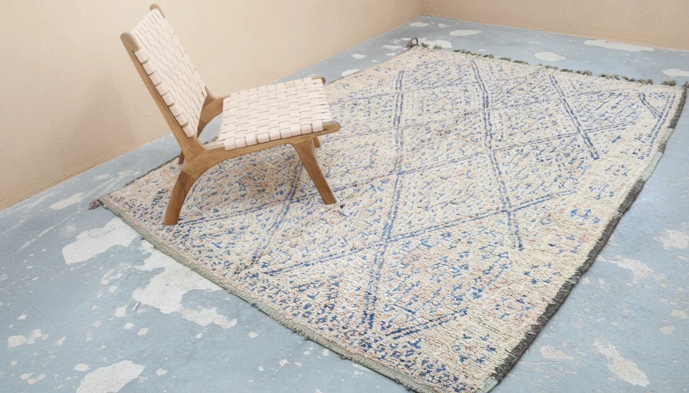 Vintage Beni M’Guild Rug 280×200 cm – Faded Moroccan Berber Rug with Blue Tribal Diamond Patterns, GO-1005 - Image 7